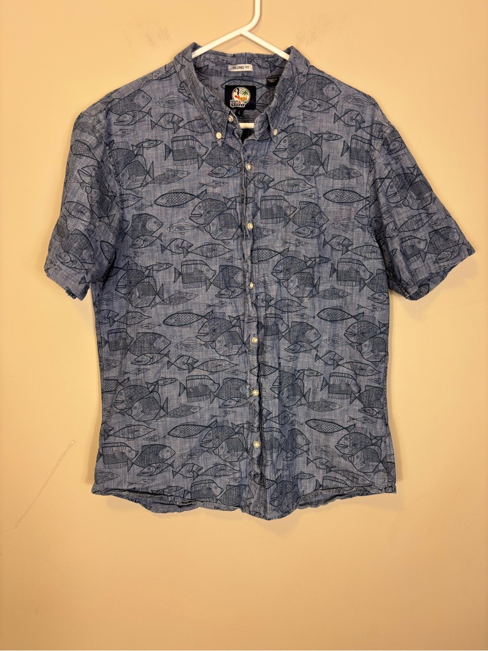 reyn spooner Blue Fish-Print Short Sleeve Button-Down Shirt Men’s Large